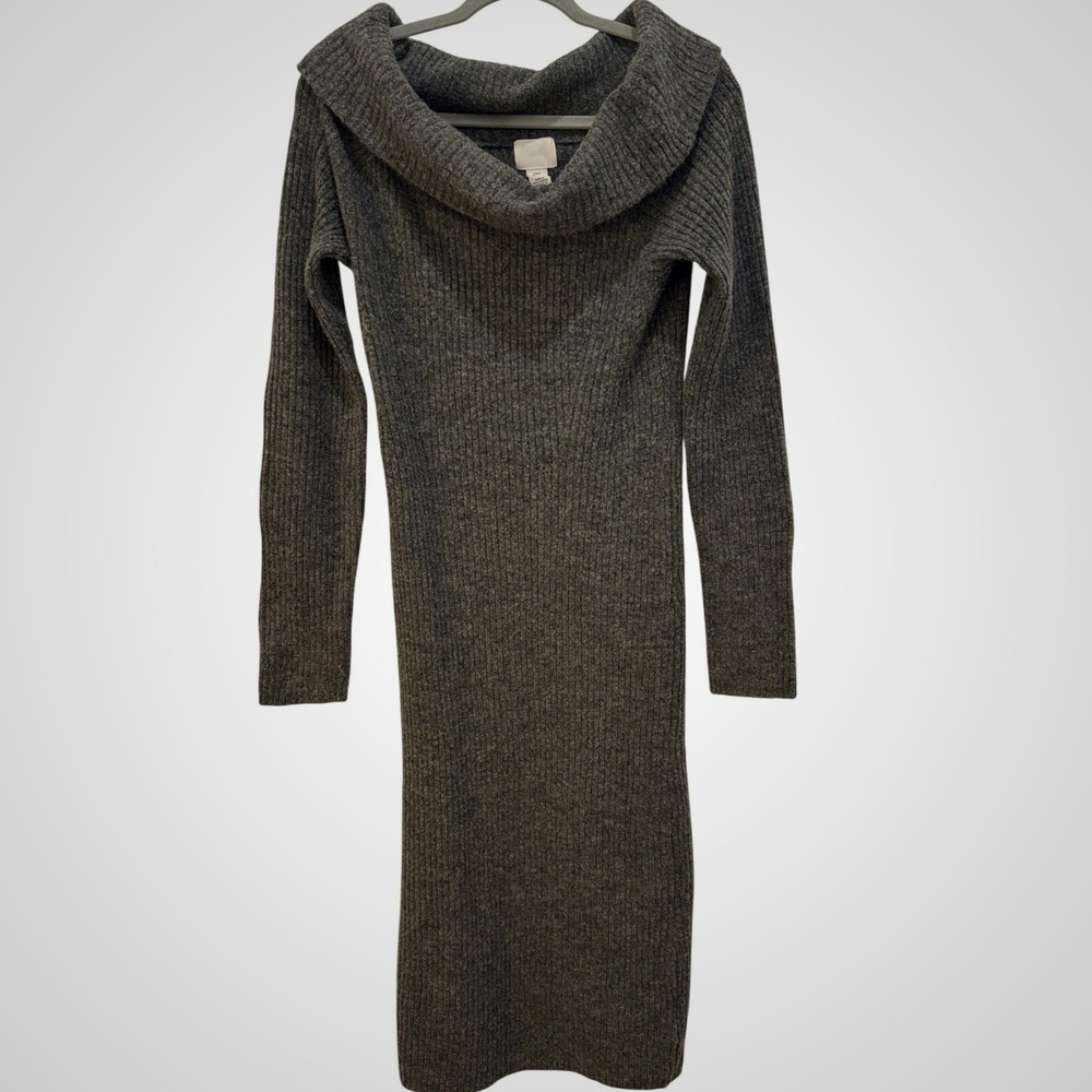 H&M Gray Ribbed Knit Off Shoulder Cowl Neck Midi Sweater Dress Medium 1238506-0